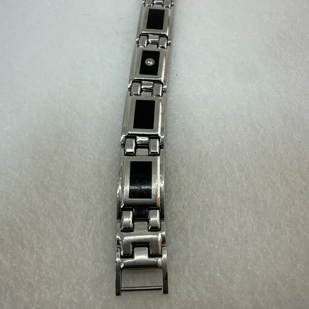 Men's Stainless Steel Link Bracelet Black Inlay Silver Tone 8.5